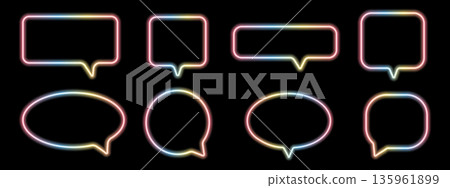 Neon gradient rainbow speech bubble for chat and talk. Glowing light balloon for text messages and digital communication design Neon gradient rainbow speech bubble for chat and talk. Glowing light balloon for text messages and digital communication design 135961899