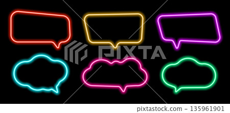 Neon multicolor speech bubble with light effect. Colorful chat balloon for talk, text messaging and digital communication design Neon multicolor speech bubble with light effect. Colorful chat balloon for talk, text messaging and digital communication design 135961901
