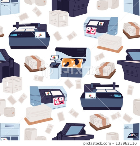 Color printing machines with paper stacks of printed products and blank sheets seamless pattern. Polygraphy laser equipment. Office photocopier. Document scanning. Vector background 135962110
