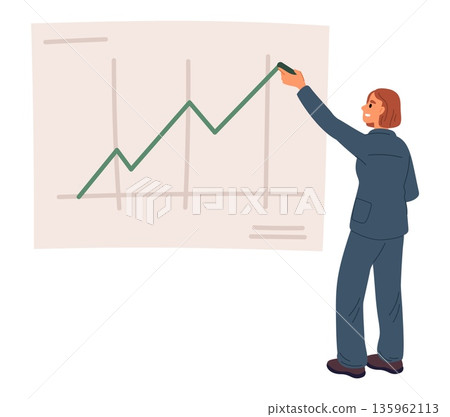 Entrepreneur draws green growing graph. Money income statistic chart. Marketing analytic. Profit increase. Businesswoman at whiteboard. Vector concept of investment growth infographic Entrepreneur draws green growing graph. Money income statistic chart. Marketing analytic. Profit increase. Businesswoman at whiteboard. Vector concept of investment growth infographic 135962113