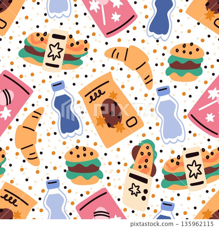 Fast food seamless pattern. Sweets in bright packaging. Water in plastic bottles. Repeated print. Burger and croissant. Cookies wrapper. Vending snacks. Lunch fastfood. Vector background Fast food seamless pattern. Sweets in bright packaging. Water in plastic bottles. Repeated print. Burger and croissant. Cookies wrapper. Vending snacks. Lunch fastfood. Vector background 135962115