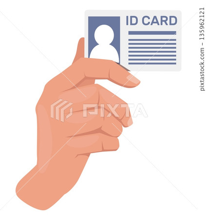 Hand holds ID plastic card with photo and personal details. Driver identity license. Access identification. Show gesture. Security authentication. Citizenship document. Vector concept Hand holds ID plastic card with photo and personal details. Driver identity license. Access identification. Show gesture. Security authentication. Citizenship document. Vector concept 135962121