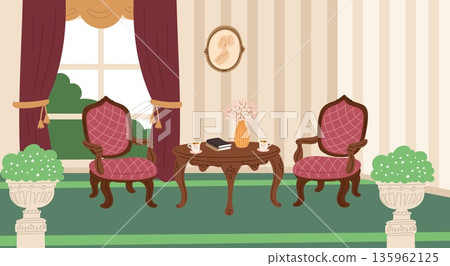Interior of old house with antique table and chairs. Velvet curtains, wallpaper and painting picture. Wooden armchairs with desk. Classic living room. Vector Victorian apartment furnishing 135962125