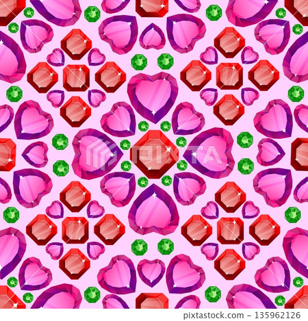 Kaleidoscopic ornament made of precious stones seamless pattern. Repeated print. Heart shaped gemstones. Bijouterie crystalline. Precious gems. Brilliant diamond facet. Vector background Kaleidoscopic ornament made of precious stones seamless pattern. Repeated print. Heart shaped gemstones. Bijouterie crystalline. Precious gems. Brilliant diamond facet. Vector background 135962126