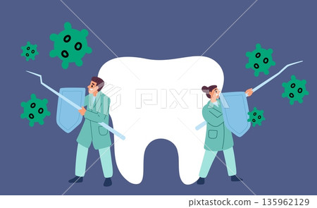 Male and female dentists protect teeth from bacteria and germs. Doctors with spears and shields. Protection from caries. Big molar. Oral hygiene and care. Vector concept of dental health Male and female dentists protect teeth from bacteria and germs. Doctors with spears and shields. Protection from caries. Big molar. Oral hygiene and care. Vector concept of dental health 135962129