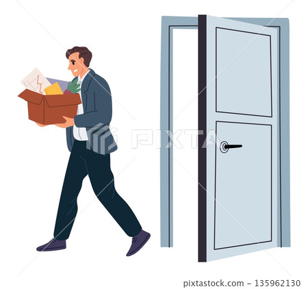 Male employee fired from company. Depressed businessman carrying cardboard box with belongings leaving office workplace. Sad unemployed man. Dismissal worker. Loss job. Vector concept Male employee fired from company. Depressed businessman carrying cardboard box with belongings leaving office workplace. Sad unemployed man. Dismissal worker. Loss job. Vector concept 135962130