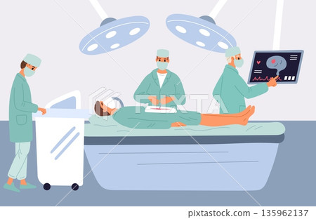 Medical team. Surgeons and anesthesiologists perform surgical operation in hospital operating room. Patient lying on desk. Treatment procedure. Physicians occupation. Vector concept 135962137