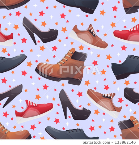 Mens and womens shoes seamless pattern. Leather boots. Casual sneakers and gumshoes with shoelaces. Stylish foot clothing. Repeated print. Male or female footgear. Vector background 135962140