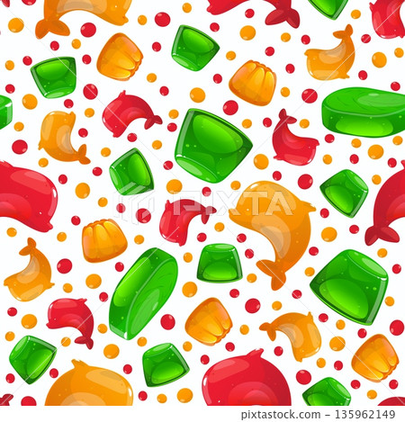 Multicolored gummy candy seamless pattern. Dolphin jelly shape. Sweet animal figures. Chewing marmalade. Repeated print. Delicious gelatin snacks. Yummy confectionery. Vector background Multicolored gummy candy seamless pattern. Dolphin jelly shape. Sweet animal figures. Chewing marmalade. Repeated print. Delicious gelatin snacks. Yummy confectionery. Vector background 135962149