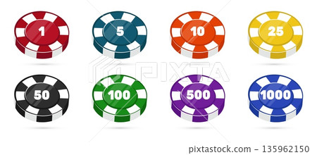 Multicolored poker chips for casinos with value numbers. Tokens for gambling games. Winning plastic circles. Blackjack betting fortune. Roulette wager. Vector isolated gaming objects set 135962150