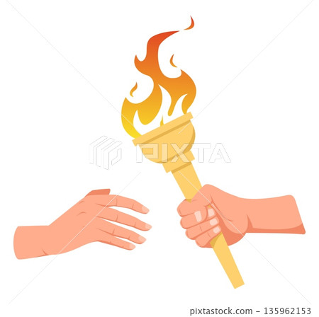 One hand passes burning torch to other arm. Passing baton. Olympic fire. Championship victory torchlight. Sport tournament. Flambeau combustion. Athletic competition. Vector concept One hand passes burning torch to other arm. Passing baton. Olympic fire. Championship victory torchlight. Sport tournament. Flambeau combustion. Athletic competition. Vector concept 135962153