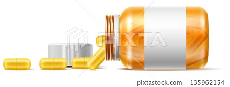 Realistic medicine bottle with open cap and yellow pills or capsules scattered around. Prescription meds flagon. Vitamin and supplement vial. Medical treatment. Vector isolated 3D object Realistic medicine bottle with open cap and yellow pills or capsules scattered around. Prescription meds flagon. Vitamin and supplement vial. Medical treatment. Vector isolated 3D object 135962154