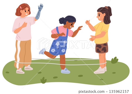 Smiling disabled girl with prosthetic arm having fun and playing with her friends. Children group jump through rubber band. Inclusive kids game with injured players. Vector concept Smiling disabled girl with prosthetic arm having fun and playing with her friends. Children group jump through rubber band. Inclusive kids game with injured players. Vector concept 135962157