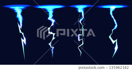 Thunderstorm lightning. Thunderbolt glow. Electricity impact from above. Electric energy. Game magic attack. Thunder flash. Vector set of energetic natural phenomena on dark background 135962162