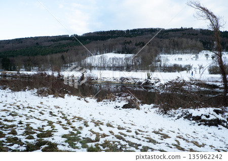Scenic winter landscape with river and dry bushes Scenic winter landscape with river and dry bushes 135962242