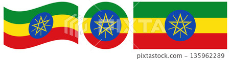 The flag of Ethiopia set. Round flag of Ethiopia icon. Standard color and size. Rectangular flag of Ethiopia isolated. Waving flag of Ethiopia. 135962289