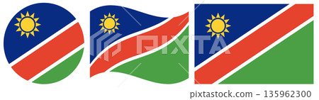 Namibian flags set isolated. Flag of Namibia. Round flag of Namibia in circle. Waving flag of Namibia. 135962300