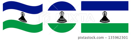 Collection of Lesotho flag. Round Lesotho flag in circle shape. Waving flag of Lesotho. Rectangular flag of Lesotho. 135962301