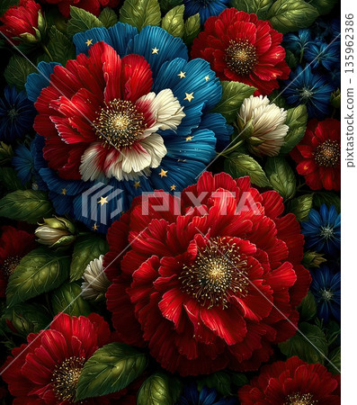 Patriotic Americana floral panel featuring oversized red, white, and blue blossoms intertwined with soft green leaves, stars subtly integrated into the pattern Patriotic Americana floral panel featuring oversized red, white, and blue blossoms intertwined with soft green leaves, stars subtly integrated into the pattern 135962386