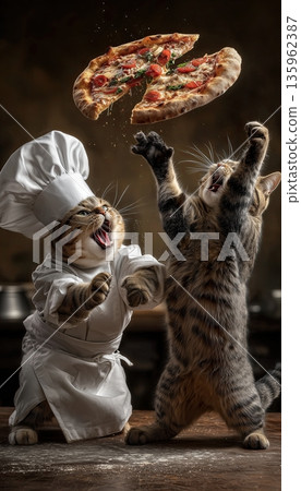 Two clumsy Italian cats chef trying to toss pizza one each other 135962387