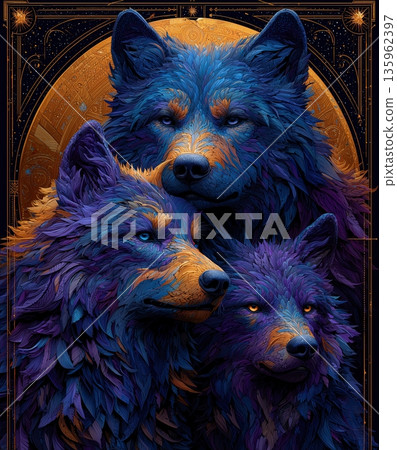 A romantic fantasy wolf family under a glowing moon, wolves positioned in a strong symmetrical composition, fur richly textured, deep blues and purples with golden highlights 135962397