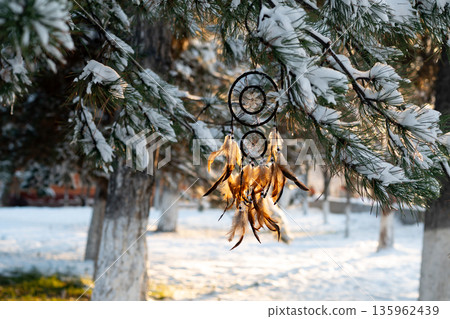 Dreamcatcher amulet outdoor, boho. American native amulet on sunset. Winter 135962439