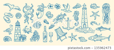 Hand Drawn Coastal Living Illustration Ink Grunge Sketch Mediterranean Travel Grungy Textured Doodle 135962473