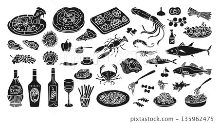 Hand Drawn Mediterranean Food Illustration Set Inspired by Italian Spanish Cuisine Doodle Style 135962475