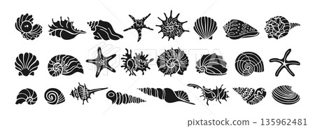 Various Shape Seashells Starfish Ink Silhouette Shadow Style Set Hand Drawn Nautical Illustration Various Shape Seashells Starfish Ink Silhouette Shadow Style Set Hand Drawn Nautical Illustration 135962481