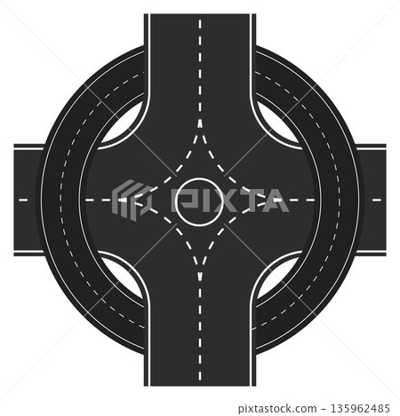 Top down view of a modern roundabout intersection with dashed lane markings, representing traffic flow and transportation. 135962485