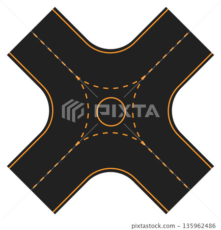 Stylized vector illustration of a four way crossroads with orange lane markers, symbolizing choices and directions in transportation, Road 135962486