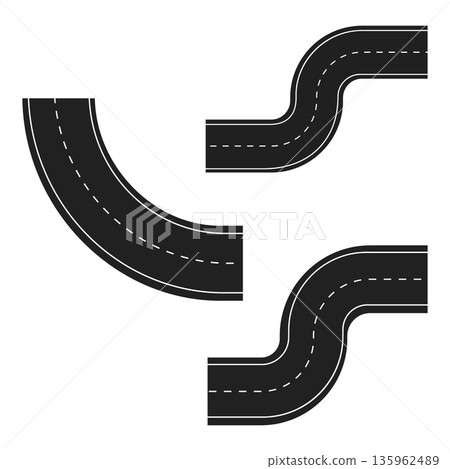 Set of three curved road segments with white dashed lines, perfect for creating winding paths and dynamic driving scenes. 135962489