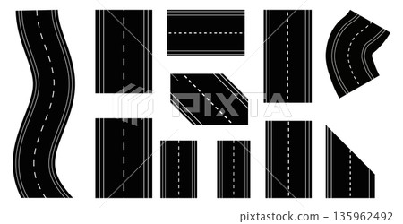 Assortment of road elements including curves, straights, and intersections, perfect for building custom road maps and game levels. 135962492