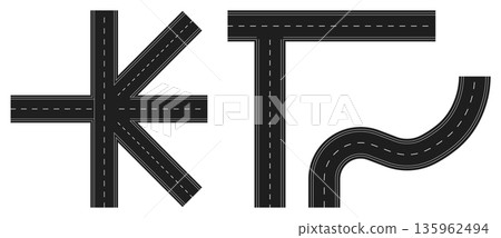 Graphic representation of a complex road network with a four-way intersection and a curved road segment, perfect for transport themes. 135962494