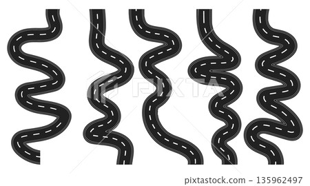 Multiple wavy road segments in a row, showcasing diverse curves and bends for creating dynamic road layouts and journey visualizations. 135962497