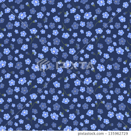 Blue forget-me-nots on dark background, floral seamless pattern, hand-drawn watercolor digital illustration in flat naive style, isolated. for design Blue forget-me-nots on dark background, floral seamless pattern, hand-drawn watercolor digital illustration in flat naive style, isolated. for design 135962729