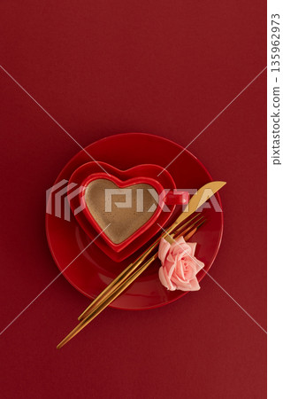Heart Shaped Coffee Cup with Rose. Romantic Valentines Day Table Setting on Red Background 135962973