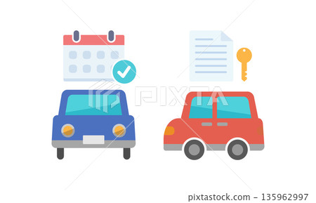 Image of a calendar and documents with a check mark indicating car order completion, keys, and car 135962997