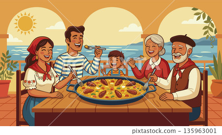 Spanish family gathered around table eating paella from large pan. Bright vector poster Spanish family gathered around table eating paella from large pan. Bright vector poster 135963001
