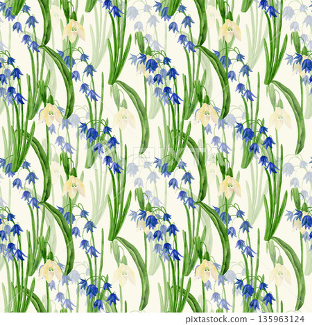 Floral seamless pattern with spring flowers, bluebells, and a watercolor illustration. 135963124
