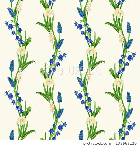 Floral seamless pattern with spring flowers, bluebells, muscari, watercolor illustration, wave. Floral seamless pattern with spring flowers, bluebells, muscari, watercolor illustration, wave. 135963126