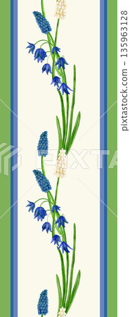 Floral seamless pattern, border green, with spring flowers, bluebells, and watercolor illustration. Floral seamless pattern, border green, with spring flowers, bluebells, and watercolor illustration. 135963128