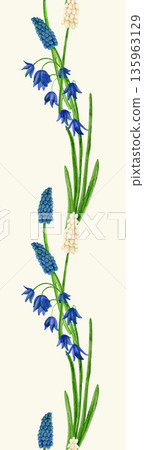 Floral seamless pattern, border, with spring flowers, bluebells, and watercolor illustration. Floral seamless pattern, border, with spring flowers, bluebells, and watercolor illustration. 135963129