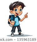 Caucasian schoolboy holding textbook and pointing his forefinger up. Smiling schoolboy pointing forefinger up. 135963189