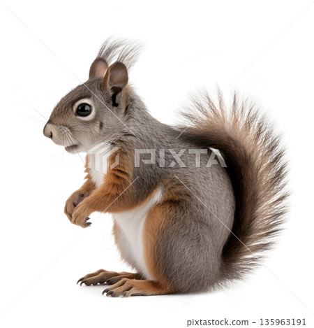 Portrait of eurasian red squirrel in front of a white background 135963191