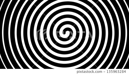 Hypnotic spiral vortex with black and white concentric circles creating optical illusion effect. Abstract geometric pattern with swirling lines and hypnotic radial design. 135963284