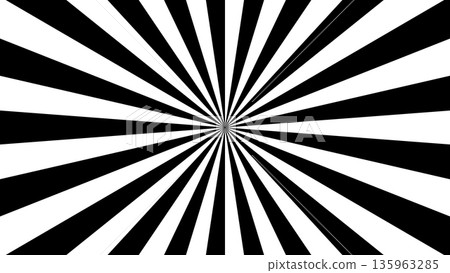 Circus background with radial sunburst rays spreading from center. Vintage carnival poster design with bold striped pattern and retro starburst effect for festive graphics. 135963285