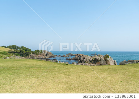 Sanriku Fukko National Park, Tanesashi Coast, with its expansive natural lawns and the calm Pacific Ocean horizon Sanriku Fukko National Park, Tanesashi Coast, with its expansive natural lawns and the calm Pacific Ocean horizon 135963301