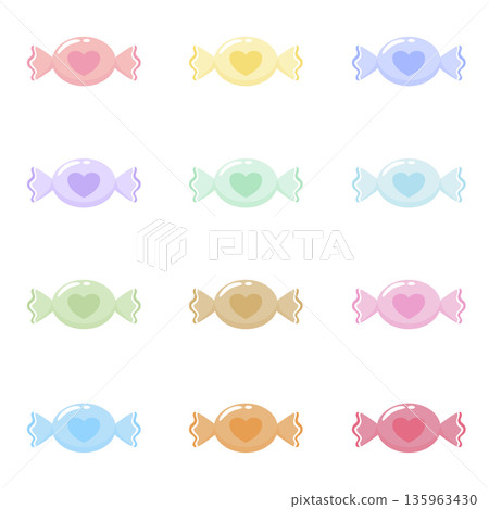 Set of pastel heart candy illustrations, cute colorful sweet candies with heart symbols in flat vector style 135963430