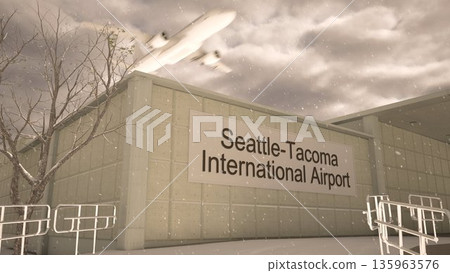 Seattle Tacoma International Airport exterior with airplane overhead in winter snowfall, Seattle, United States 3D rendering Seattle Tacoma International Airport exterior with airplane overhead in winter snowfall, Seattle, United States 3D rendering 135963576